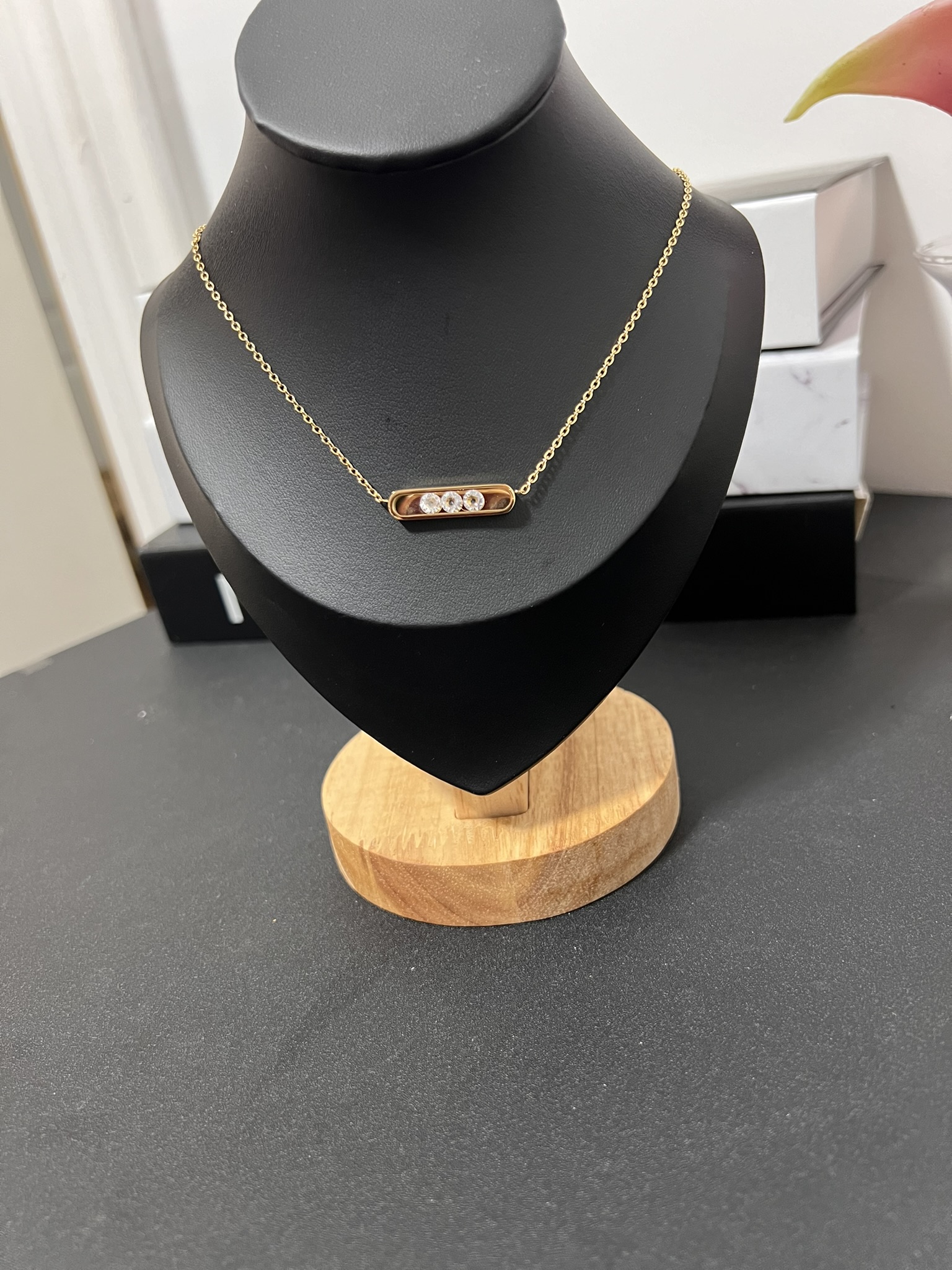 IMG_7719 Stainless steel non-tarnish horizontal bar pendant with three crystal accents necklace - Image 1