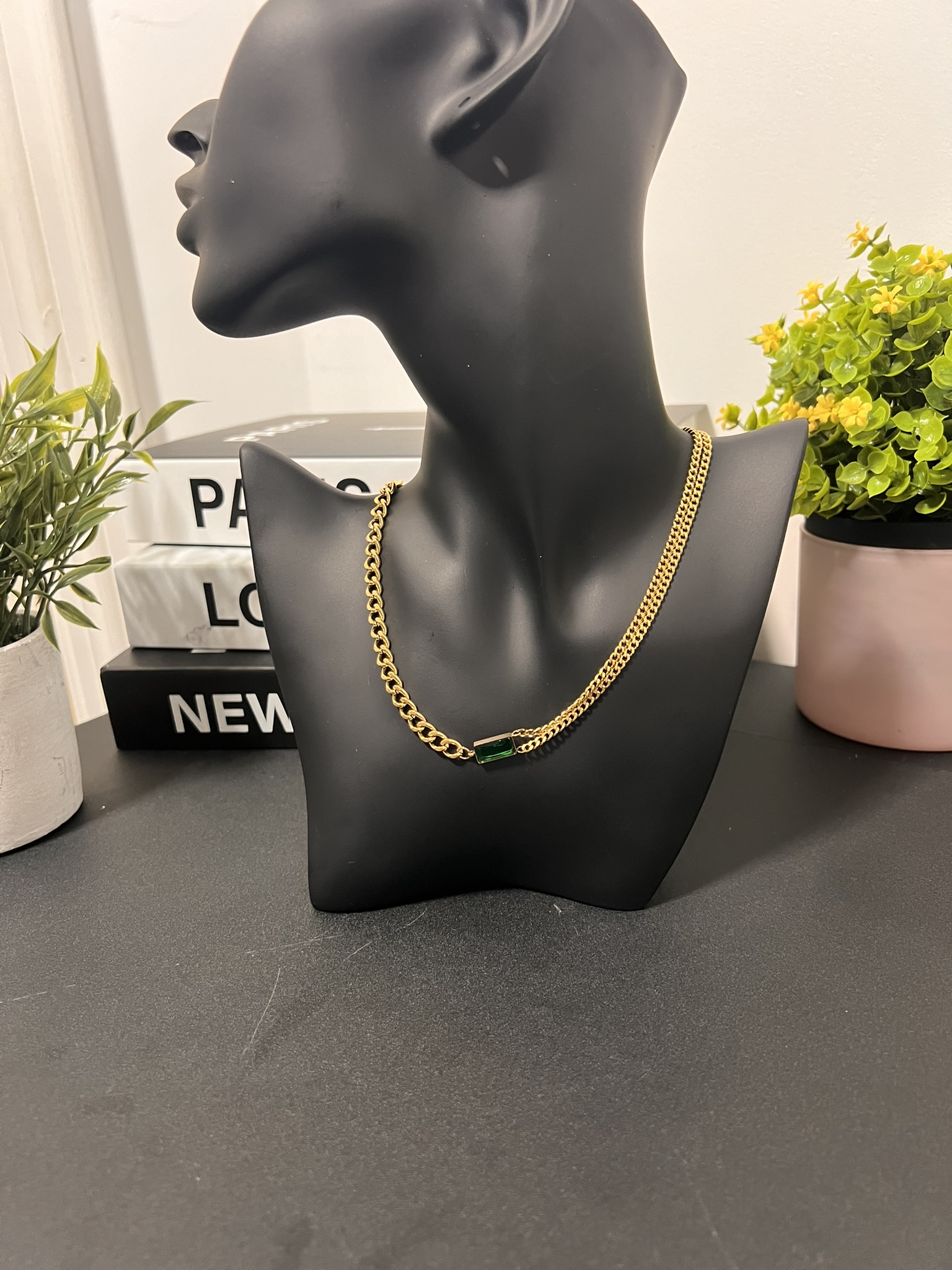 IMG_7788 Royal Emerald Accent Chain Necklace – Non-Tarnish Stainless Steel - Image 1