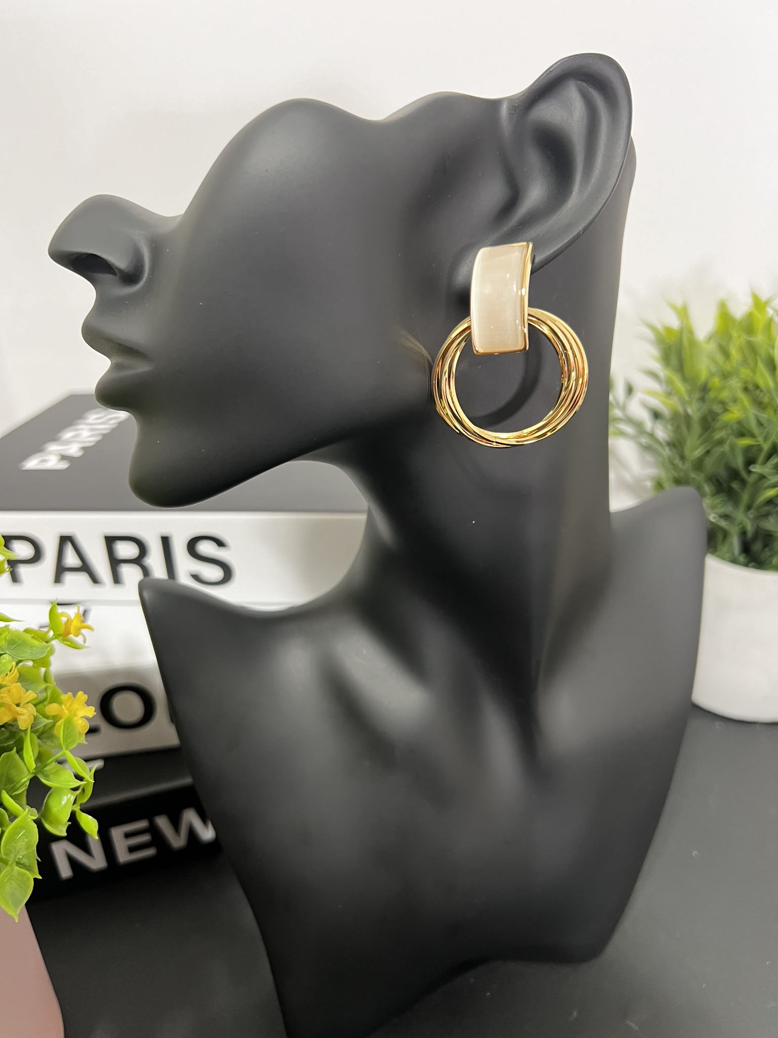 IMG_7943 Chunky Beige & Gold Statement Hoop Earring - Image 1