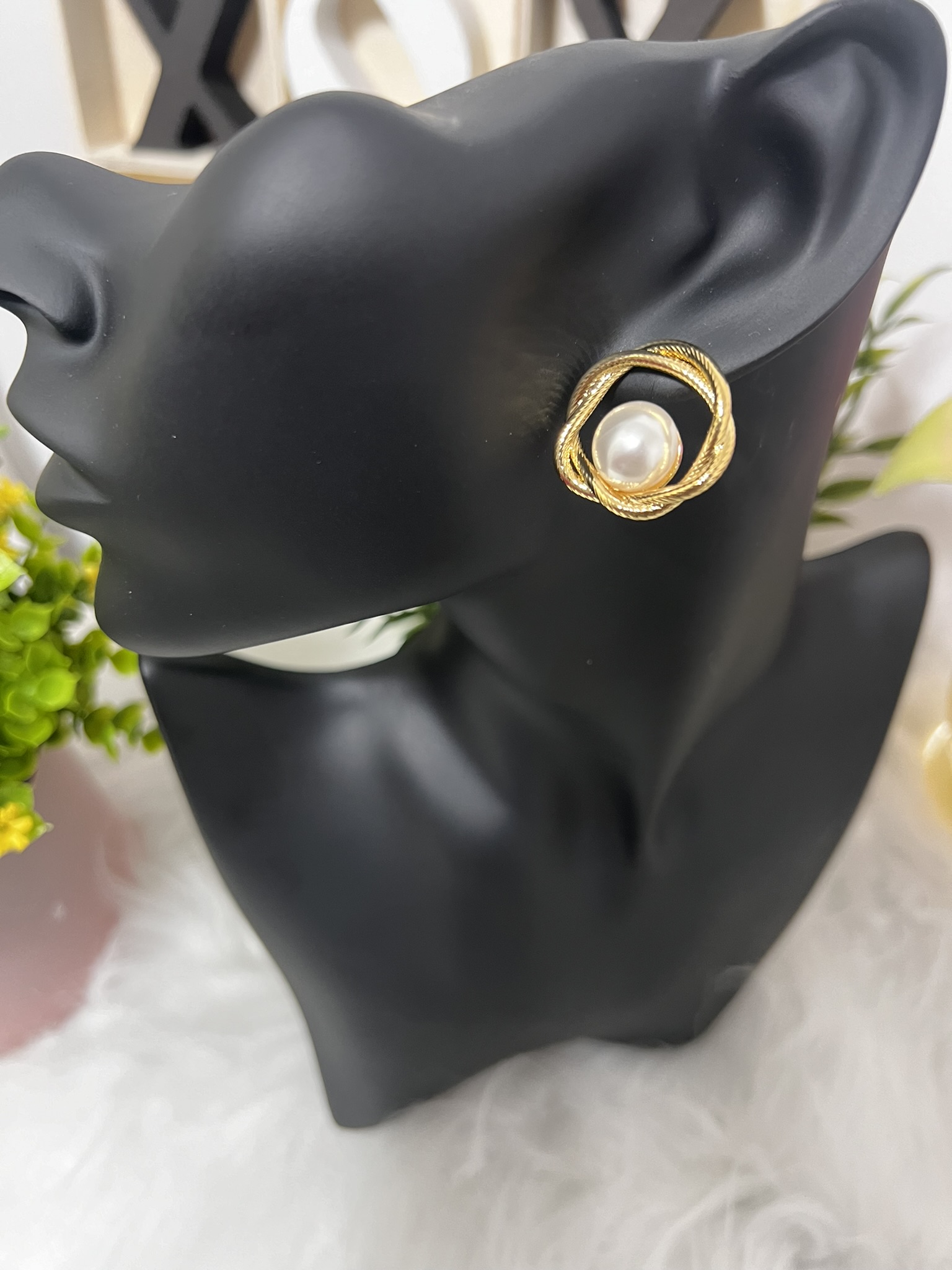 IMG_7973 Elegant Gold-Tone Twisted Pearl Stud Earrings - Image 1