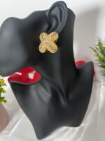 Gold Textured X-Shape Stud Earrings (Multi-Stone Detail) - Image 3