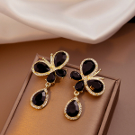 Elegant Black Gem Butterfly Drop Earrings